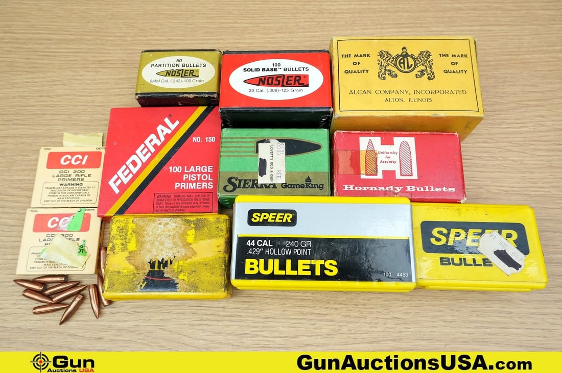 Speer, Outers, Nosler, Etc. 6MM Projectiles, .44 Cal, .30 Cal, Primes, Brass Projectiles, Primers,: Speer, Outers, Nosler, Etc. 6MM Projectiles, .44 Cal, .30 Cal, Primes, Brass Projectiles, Primers, Etc. . Approx. 400 6 MM Projectiles, Approx. 100 .44 Caliber Projectiles, Approx. 15 30 Cal Projectil