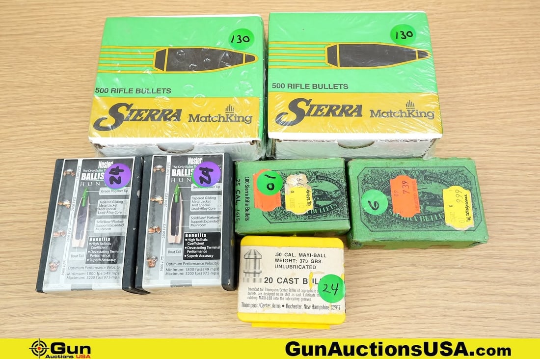 Sierra, Nosler, THOMPSON CENTER Projectiles . Approx. 1200 Projectiles in Total; 1000- .22 Caliber: Sierra, Nosler, THOMPSON CENTER Projectiles . Approx. 1200 Projectiles in Total; 1000- .22 Caliber Projectiles. Approx. 120- .25 Caliber Projectiles. 100- .30 Cal Projectiles and 50 -.50 Caliber Proje