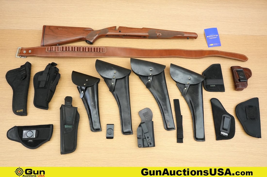 Winchester, S&W, Etc. Holsters, Stock, Etc. . Good Condition. Assorted Leather and Nylon Holsters,: Winchester, S&W, Etc. Holsters, Stock, Etc. . Good Condition. Assorted Leather and Nylon Holsters, One Large Leather Belt, and One Checkered Wood Winchester Stock. . (80514) (GSCO81)