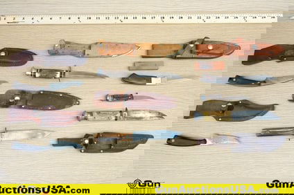 Othello, Schrade, Etc Knives. Good Condition. Seven Assorted Fixed Blade Knives. Includes Leather