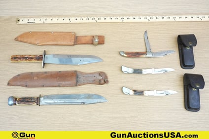 Sears, Queen Steel, Etc Knives. Good Condition. Two Fixed Blade Knives and Three Folding Knives.