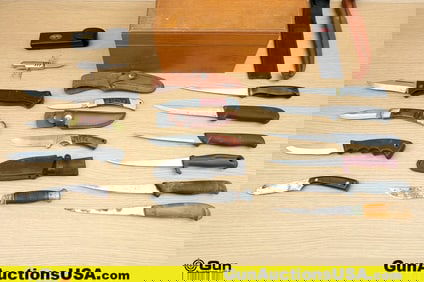 Sheffield, Master, Etc. Knives, Etc. . Good Condition. 13 Assorted Knives and One Wood Storage Case.