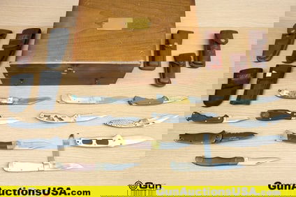 Gerber, Schrade, S&W, Etc Knives, Display Box. Twelve Assorted Folding Knives and One Wooden Display