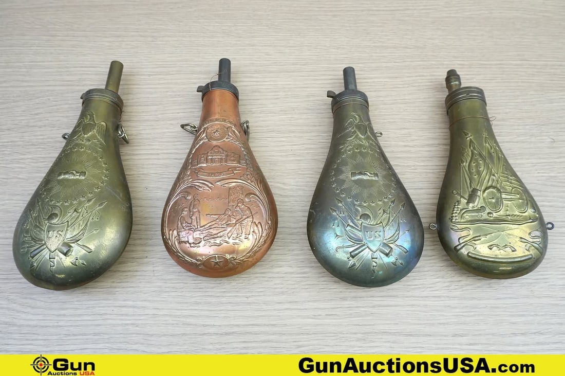 U.S. Surplus COLLECTOR'S Powder Horns . Good Condition. Four Assorted Brass Powder Horns. One Powder: U.S. Surplus COLLECTOR'S Powder Horns . Good Condition. Four Assorted Brass Powder Horns. One Powder Horn has a Date of 1836, LIBERTY or DEATH and State of Texas. Two have SHIELD EAGLES with U.S. Shei