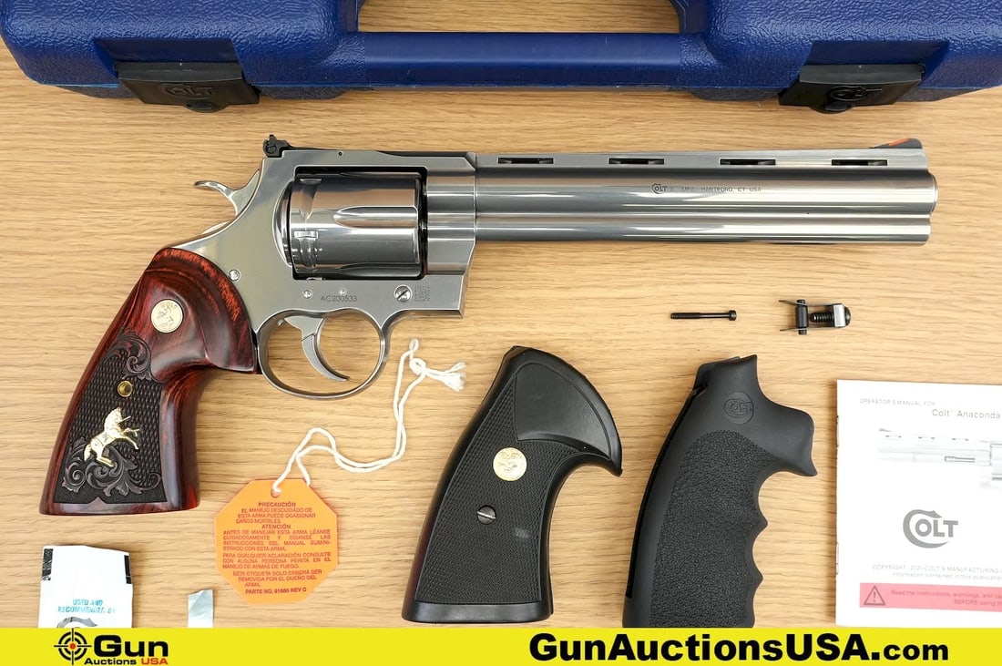 COLT'S MFG. ANACONDA .44 MAGNUM SNAKE GUN Revolver. Very Good. 8" Barrel. Shiny Bore, Tight Action: COLT'S MFG. ANACONDA .44 MAGNUM SNAKE GUN Revolver. Very Good. 8" Barrel. Shiny Bore, Tight Action An ICONIC CHOICE! Features a Fixed Ramp Front Sight, Adjustable Rear Sight, Satin Stainless Construct