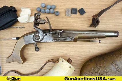 .45 Caliber Pistol. Good condition, Normal Handling Marks. 7 1/8" Barrel. Flint Lock Features a