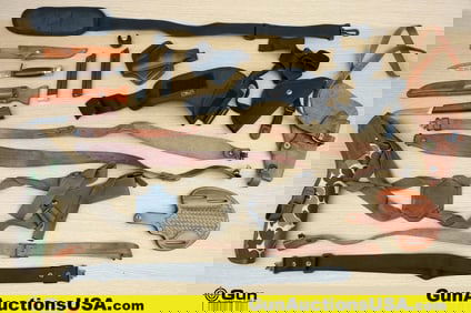 Ruger, Etc. . Very Good. Two Fixed Blade Knives with Leather Sheaths, 3 Leather Holsters, 3 Nylon