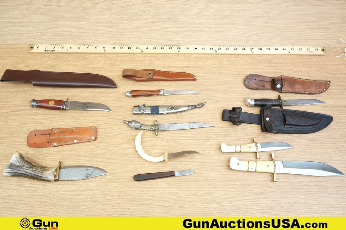 Timber Rattler, Cavalier, Etc. Knives. Good Condition. Nine Assorted Fixed Blade Knives with Seven: Timber Rattler, Cavalier, Etc. Knives. Good Condition. Nine Assorted Fixed Blade Knives with Seven Sheaths. . (80064) (GSCN61)