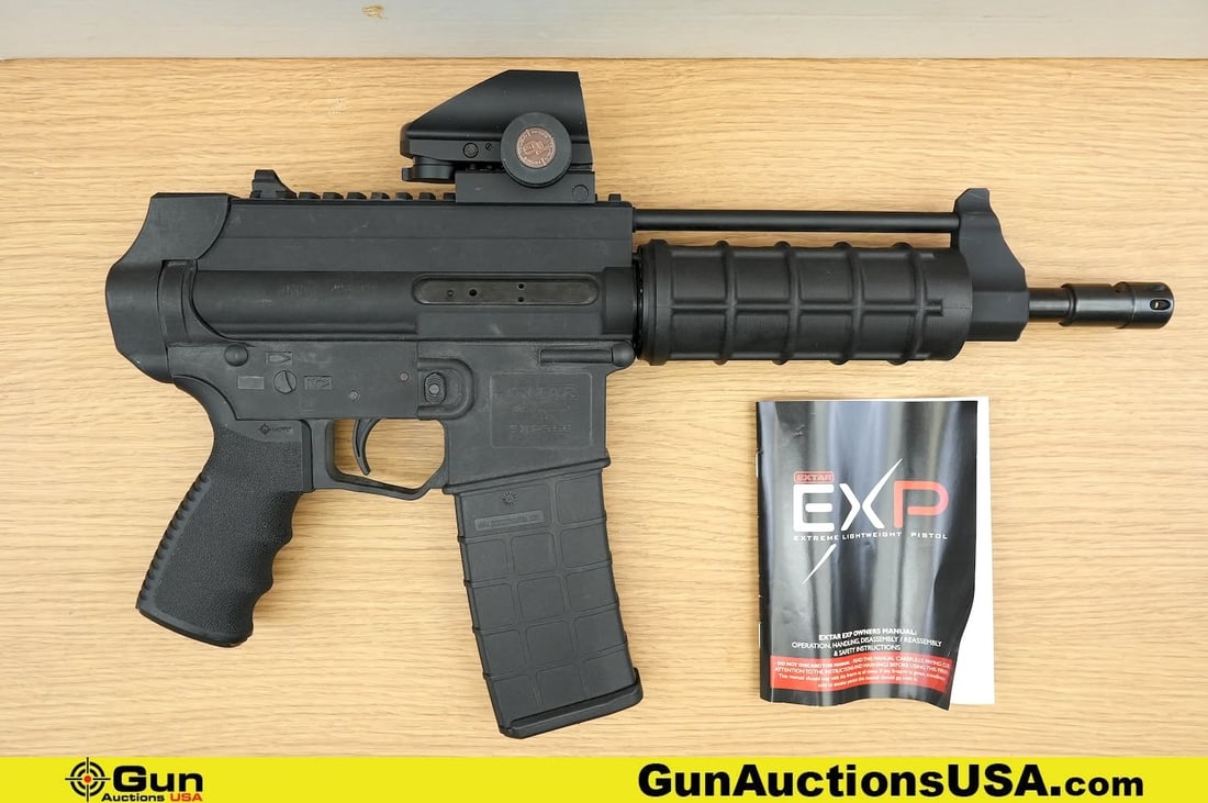 EXTAR EXP556 5.56 NATO Pistol. Very Good. 10" Barrel. Shiny Bore, Tight Action Semi Auto Features a: EXTAR EXP556 5.56 NATO Pistol. Very Good. 10" Barrel. Shiny Bore, Tight Action Semi Auto Features a Polymer Upper and Lower Receiver, Left Side Reciprocating Charging Handle, Fixed Front Sight, Drift 