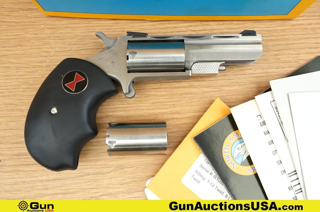 North American DERRINGER .22 MAGNUM Revolver. Very Good. 2" Barrel. Shiny Bore, Tight Action: North American DERRINGER .22 MAGNUM Revolver. Very Good. 2" Barrel. Shiny Bore, Tight Action Features a Drift Adjustable Front and Rear Sight, Faux Ventilated Top Rib, Straight Wall Removable Five Sho