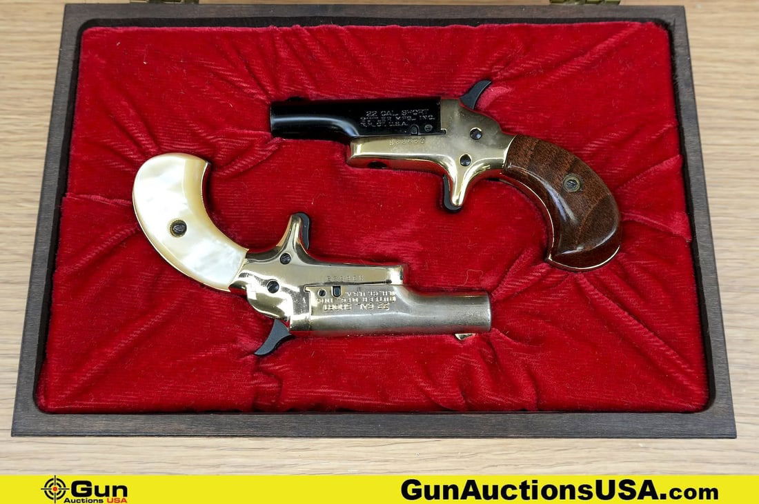 BUTLER DERRINGER .22 Short Pistols. Good Condition, Normal Handling Marks. 2.5" Barrel. Shiny Bores,: BUTLER DERRINGER .22 Short Pistols. Good Condition, Normal Handling Marks. 2.5" Barrel. Shiny Bores, Tight Action Single Shot A Brace of Butler Derringers! #1 Features a Blued Barrel, Gold in Color Br