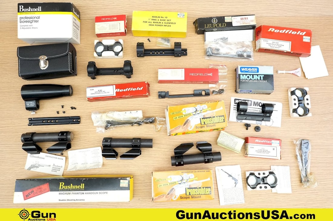 Bushnell, Redfield, Etc. Bore Sight, Etc. . Very Good. One Bushnell Professional Bore Sight, with: Bushnell, Redfield, Etc. Bore Sight, Etc. . Very Good. One Bushnell Professional Bore Sight, with original Box. Four Scope Mount Bases, and Seven Scope Mount Base and Ring Combo Sets. . (80986) (GSCN3