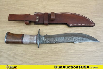 Ghost Knife, Very Good Damascus Fixed Blade Knife, 10" Blade, 15" overall. Includes Leather Sheath.
