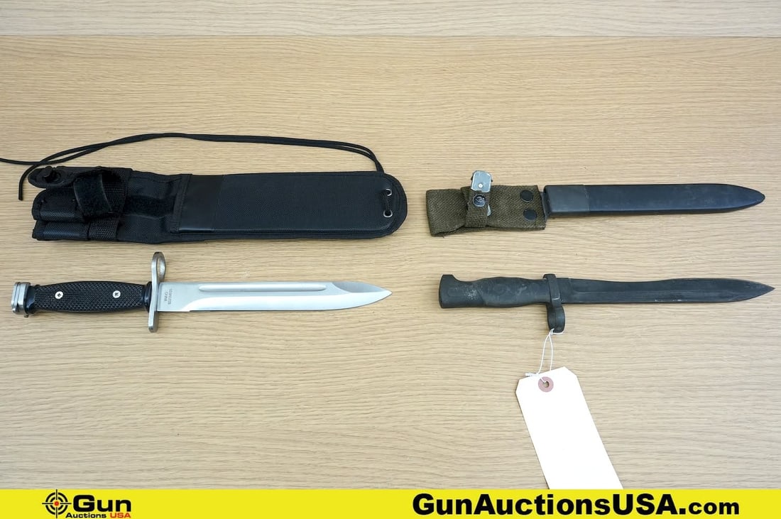Bayonets . Very Good. One Reproduction U.S. M16 Bayonet with Nylon Sheath and One Reproduction M1964: Bayonets . Very Good. One Reproduction U.S. M16 Bayonet with Nylon Sheath and One Reproduction M1964 Bayonet with Scabbard and Frog. . (80936) (GSCN20)