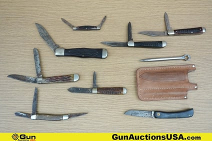 Case, Etc. Knives, Et. . Very Good. Eight Case Folding Knives and Metal Pick with Leather Sheath. .