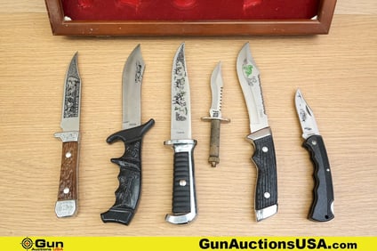 Franklin Mint Knives, Case. Excellent. Six Knives with a Collector's Wood Display Case. Knives are