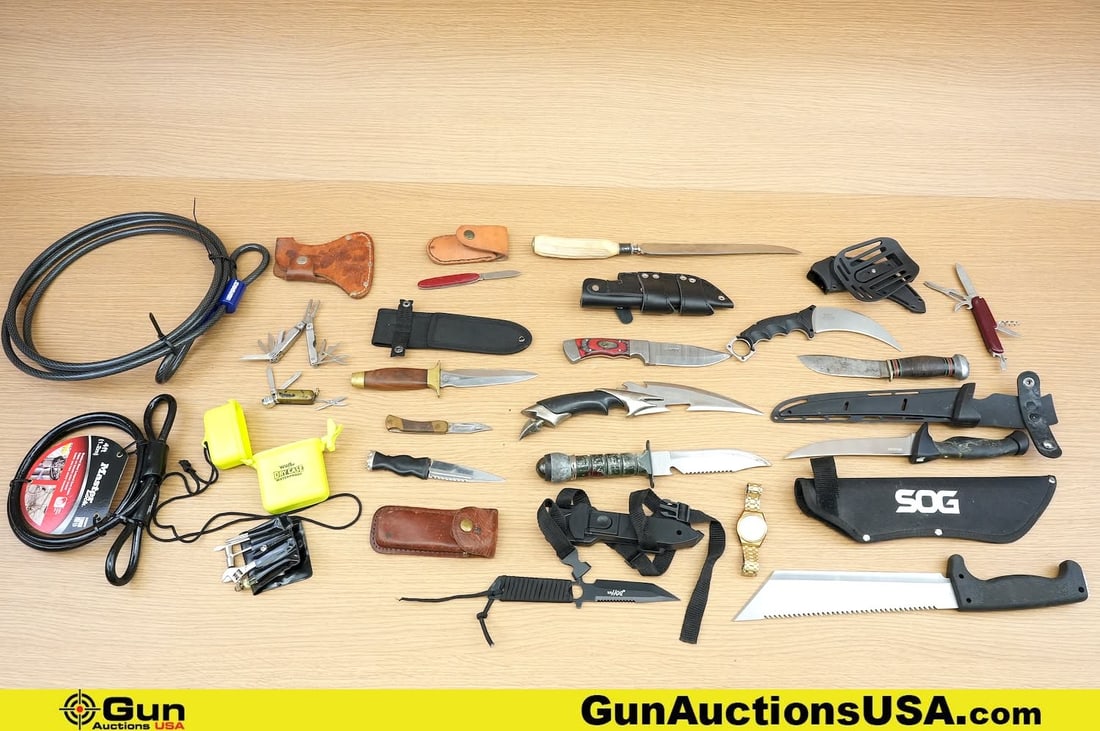 Sanity, Remington, Takumitac, Etc. Knives, Lucky Luciano, Karambit, RH50,Etc. Approx. 20 Assorted: Sanity, Remington, Takumitac, Etc. Knives, Lucky Luciano, Karambit, RH50,Etc. Approx. 20 Assorted Knives, Tools, Etc; One Sanity Damascus Sanity Lucky Luciano in Excellent Condition Fixed Blade Knife