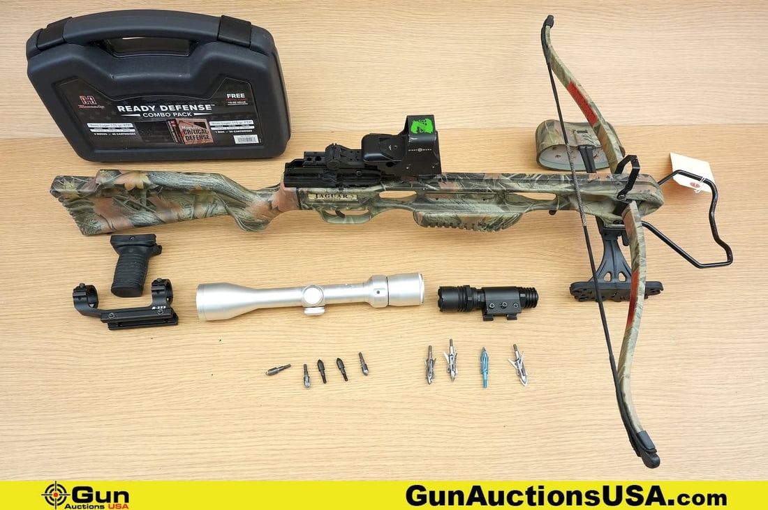Bushnell, Sight Mark, Etc. Jaquar Cross Bow. Models "PL, Z Series, M-223, Etc. Very Good. Features a: Bushnell, Sight Mark, Etc. Jaquar Cross Bow. Models "PL, Z Series, M-223, Etc. Very Good. Features a Camo Finish, with Integrated Quiver, with an Installed Sight Mark Z Series Red Dot Sight. Includes
