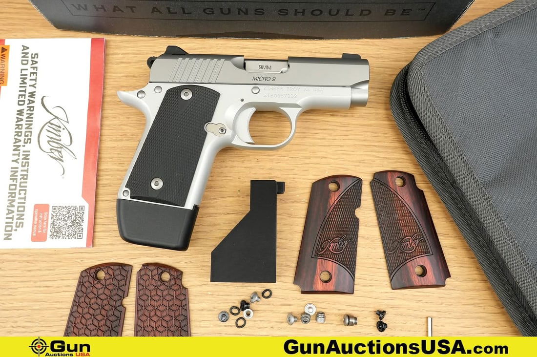 Kimber Micro 9 9mm Pistol. Excellent. 3 1/8" Barrel. Shiny Bore, Tight Action Semi Auto A Great Colt: Kimber Micro 9 9mm Pistol. Excellent. 3 1/8" Barrel. Shiny Bore, Tight Action Semi Auto A Great Colt Mustang Clone! Featuring a Satin Stainless Slide, Lowered and Flared Ejection Port, Drift Adjustabl