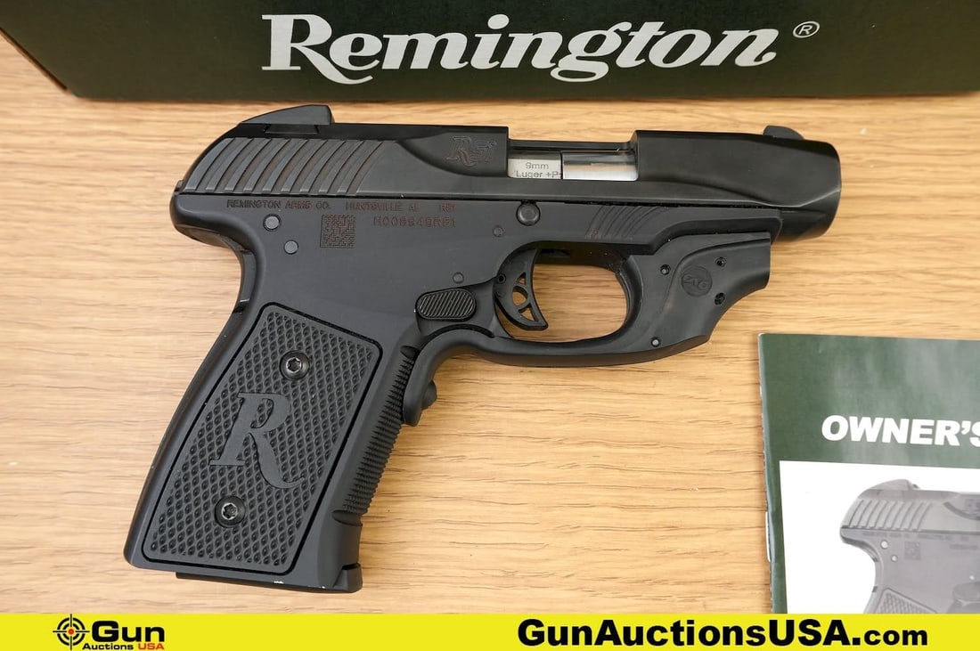 REMINGTON R51 9MM LUGER +P Pistol. Very Good. 3.25" Barrel. Shiny Bore, Tight Action Semi Auto: REMINGTON R51 9MM LUGER +P Pistol. Very Good. 3.25" Barrel. Shiny Bore, Tight Action Semi Auto Features an Anodized Aluminum Frame, with Checkered Polymer Inserts, and a Crimson Trace Laser Sight. Dri