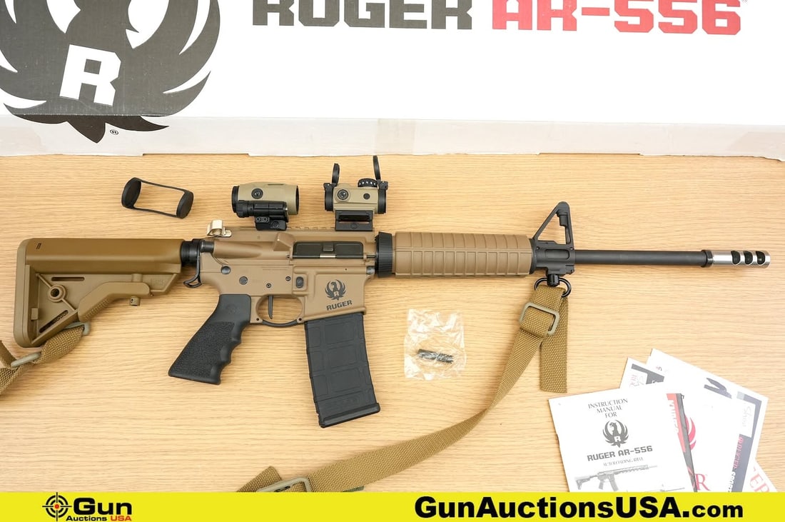 Ruger AR-556 5.56 NATO THREADED BARREL Rifle. Very Good. 16" Barrel. Shiny Bore, Tight Action Semi: Ruger AR-556 5.56 NATO THREADED BARREL Rifle. Very Good. 16" Barrel. Shiny Bore, Tight Action Semi Auto Features a THREADED BARREL with Three Port Muzzle Break, Carbine Length Gas System, Serrated A-F