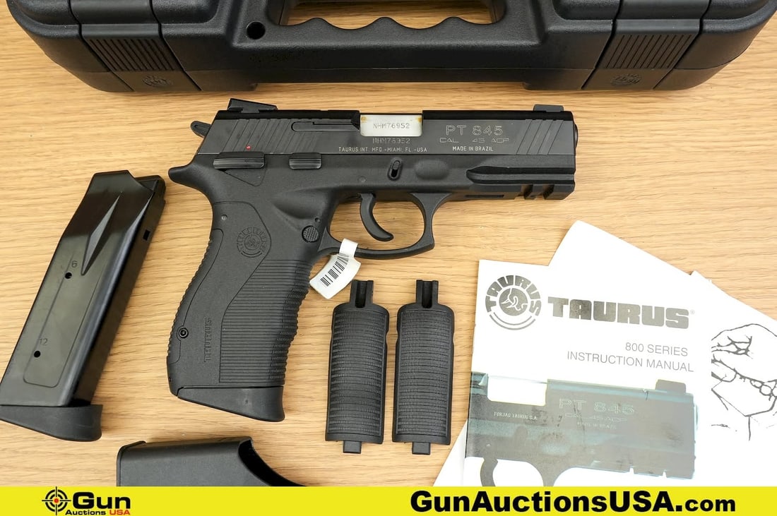 Taurus PT 845 .45 ACP Pistol. Like New. 4.25" Barrel. Semi Auto Features a Textured Polymer Frame: Taurus PT 845 .45 ACP Pistol. Like New. 4.25" Barrel. Semi Auto Features a Textured Polymer Frame with Accessory Rail, Ambi Mag Release, Frame Mounted Ambi Safety De-Cocker, and Ambi Slide Release. Fr