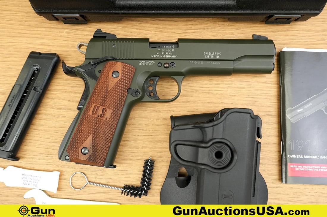 SIG SAUER 1911-22 .22 LR Pistol. Excellent. 5" Barrel. Shiny Bore, Tight Action Semi Auto Features: SIG SAUER 1911-22 .22 LR Pistol. Excellent. 5" Barrel. Shiny Bore, Tight Action Semi Auto Features an OD Green Finish, Bushing Barrel with Full Length Guide Rod, SA Hammer and Trigger, Extended Frame
