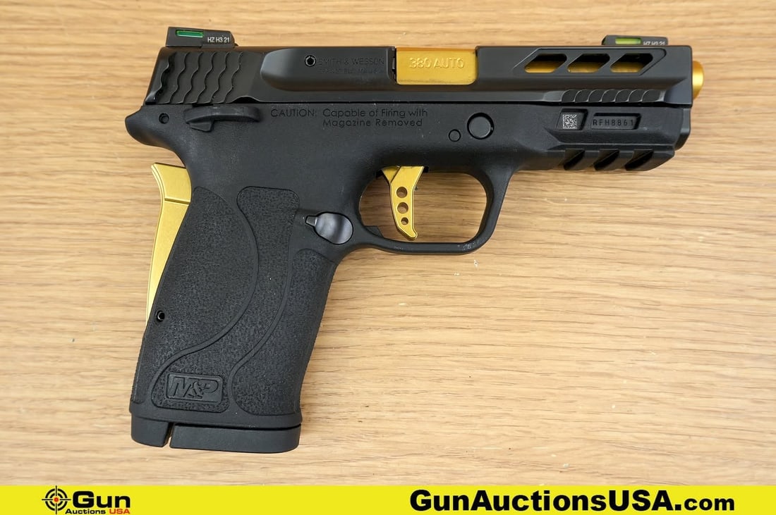 S&W 380 Shield EZ Performance Center 380 ACP Pistol. Excellent. 3.75" Barrel. Shiny Bore, Tight: S&W 380 Shield EZ Performance Center 380 ACP Pistol. Excellent. 3.75" Barrel. Shiny Bore, Tight Action Semi Auto Features a Hi-Viz Fiberoptic Front and Rear Sights, Ported Gold in Color Barrel, Loaded