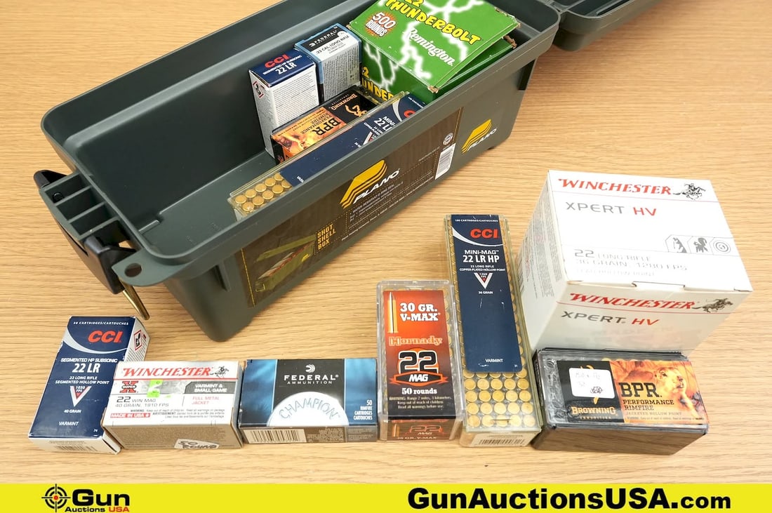 Winchester, Browning, Remington, Etc. .22LR, .22 MAGNUM Ammo. Approx. 1450 Rds of .22LR and 200 Rds: Winchester, Browning, Remington, Etc. .22LR, .22 MAGNUM Ammo. Approx. 1450 Rds of .22LR and 200 Rds of .22 MAGNUM. Includes Small Polymer Ammo Can. . (81854) (GSCU30)