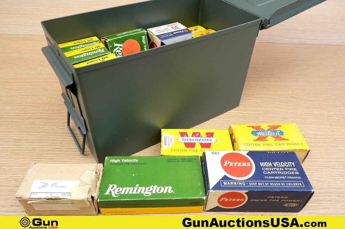 Peters, Remington, Winchester, Etc. .30 MAUSER Ammo. Approx. 635 Rds. Includes Metal Ammo Can. .: Peters, Remington, Winchester, Etc. .30 MAUSER Ammo. Approx. 635 Rds. Includes Metal Ammo Can. . (81845) (GSCV49)