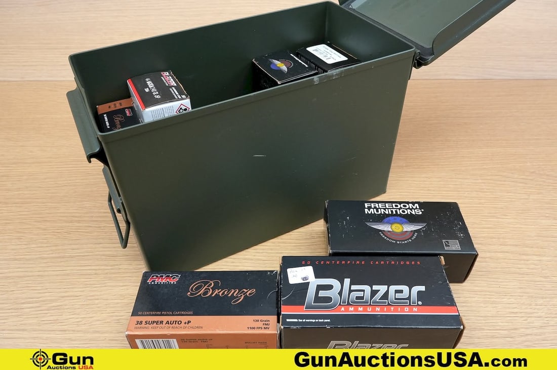 PMC, Blazer, Freedom .38 SUPER, .44 MAG Ammo. 150 Rds of .38 SUPER, 135 Gr. 100 Rds of .38 SUPER +: PMC, Blazer, Freedom .38 SUPER, .44 MAG Ammo. 150 Rds of .38 SUPER, 135 Gr. 100 Rds of .38 SUPER + P, 130 Gr FMJ. 100 Rds of .44 Mag. Includes Metal Ammo Can. . (81859) (GSCU99)