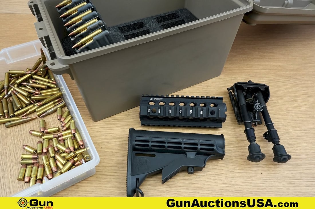 Brownell's, Etc. 5.56 NATO, 9MM Ammo, Accessories. Approx. 170 Rds of 5.56, Approx. 50 Rds of 9MM,: Brownell's, Etc. 5.56 NATO, 9MM Ammo, Accessories. Approx. 170 Rds of 5.56, Approx. 50 Rds of 9MM, Five Browells' AR15, 30 Rd 5.56 Mags, One Aluminum Quad rail AR15 Handguard, One Harris Style Bi-Pod,