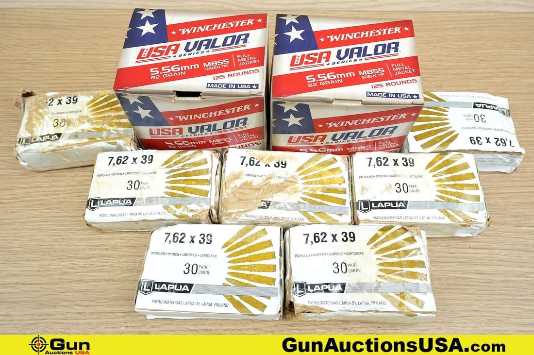 Lapua, Winchester 7.62x39, 5.56 Ammo. Approx. 205 Rds of 7.62x39, Approx. 245 Rds of 5.56. . (81962): Lapua, Winchester 7.62x39, 5.56 Ammo. Approx. 205 Rds of 7.62x39, Approx. 245 Rds of 5.56. . (81962) (GSCU41)