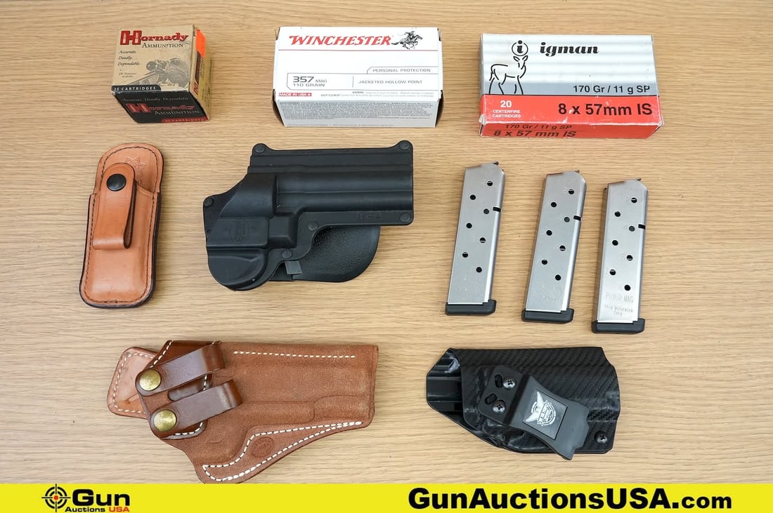 Hornady, Winchester, Fobus, Etc. 8x57MM, .357 MAG Ammo, Accessories. 20 Rds of 8x57 and 62 Rds of: Hornady, Winchester, Fobus, Etc. 8x57MM, .357 MAG Ammo, Accessories. 20 Rds of 8x57 and 62 Rds of .357 MAGNUM. Includes Three Assorted Pistol Holsters, One Knife Pouch, and Three 8 Rd .45 ACP MAGS. .