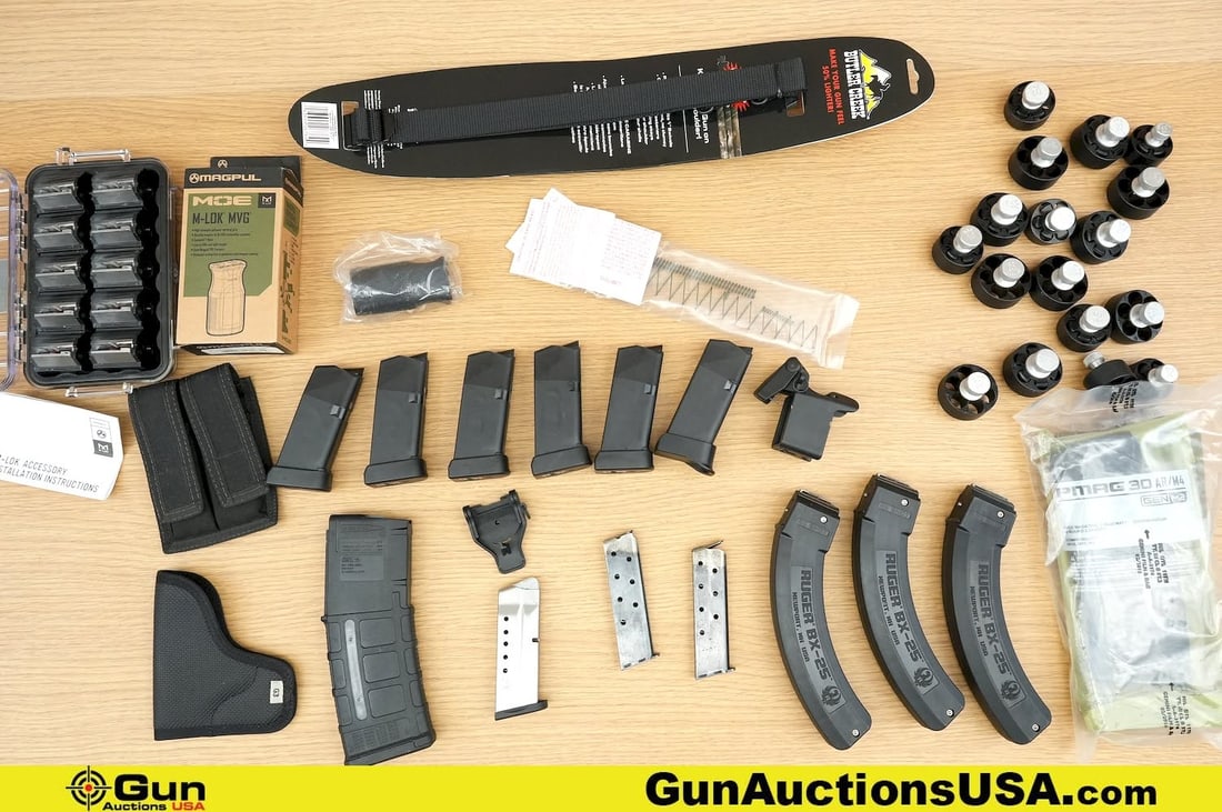 Ruger, Pelican, Magpul, Etc. .22LR, .32, 9MM, 5.56, Etc. Magazines, Accessories. Very Good. Two: Ruger, Pelican, Magpul, Etc. .22LR, .32, 9MM, 5.56, Etc. Magazines, Accessories. Very Good. Two Ruger BX25, 25 Rd, .22LR 10/22 Magazines. Ten Ruger 10/22 10 Rd, .22LR Rotary Magazines. One Pelican 104