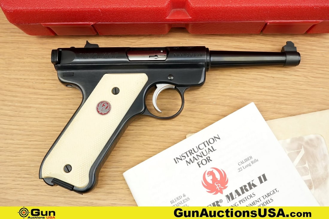 RUGER M.K. II .22 CAL PISTOL. Excellent. 4.5" Barrel. Shiny Bore, Tight Action Semi Auto. NRA SALUTE: RUGER M.K. II .22 CAL PISTOL. Excellent. 4.5" Barrel. Shiny Bore, Tight Action Semi Auto. NRA SALUTE Model, White Polymer Grips with Ruger Medallions, Engraved with the NRA Logo and a DISTINCT NRA Ser
