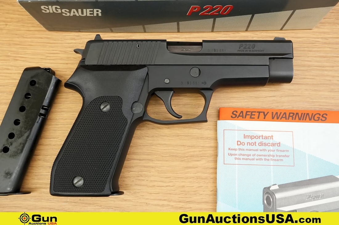 SIG Sauer P220 .45 AUTO Pistol. Very Good. 4.4" Barrel. Shiny Bore, Tight Action Semi Auto .: SIG Sauer P220 .45 AUTO Pistol. Very Good. 4.4" Barrel. Shiny Bore, Tight Action Semi Auto . Features a Steel Frame, Nice Checkered Polymer Grips, Single Dot Front Sight, I Dot Rear Sight, Right Thumb