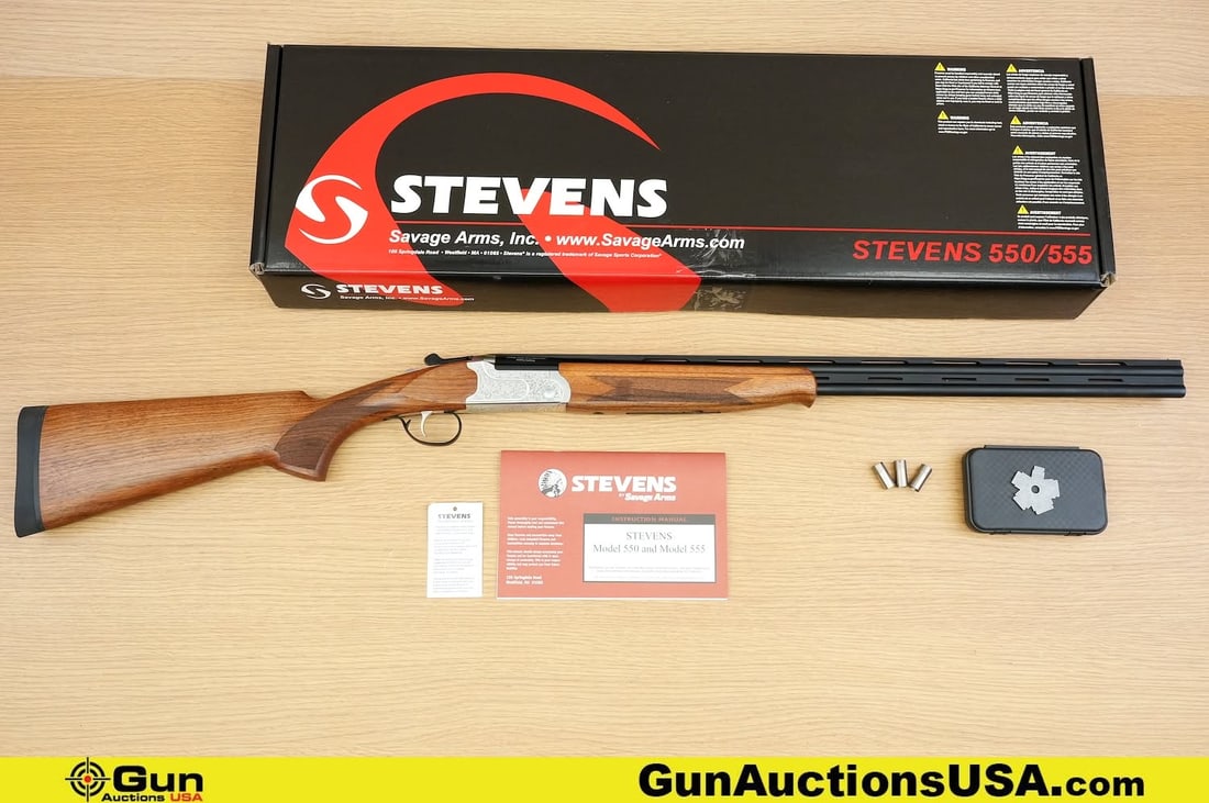 Savage STEVENS 555 .410 ga. Shotgun. Excellent. 26" Barrel. Shiny Bore, Tight Action Break Action: Savage STEVENS 555 .410 ga. Shotgun. Excellent. 26" Barrel. Shiny Bore, Tight Action Break Action Over-Under Features a lightweight aluminum BEAUTIFULLY Engraved Receiver, Turkish Walnut Stock, Chrome