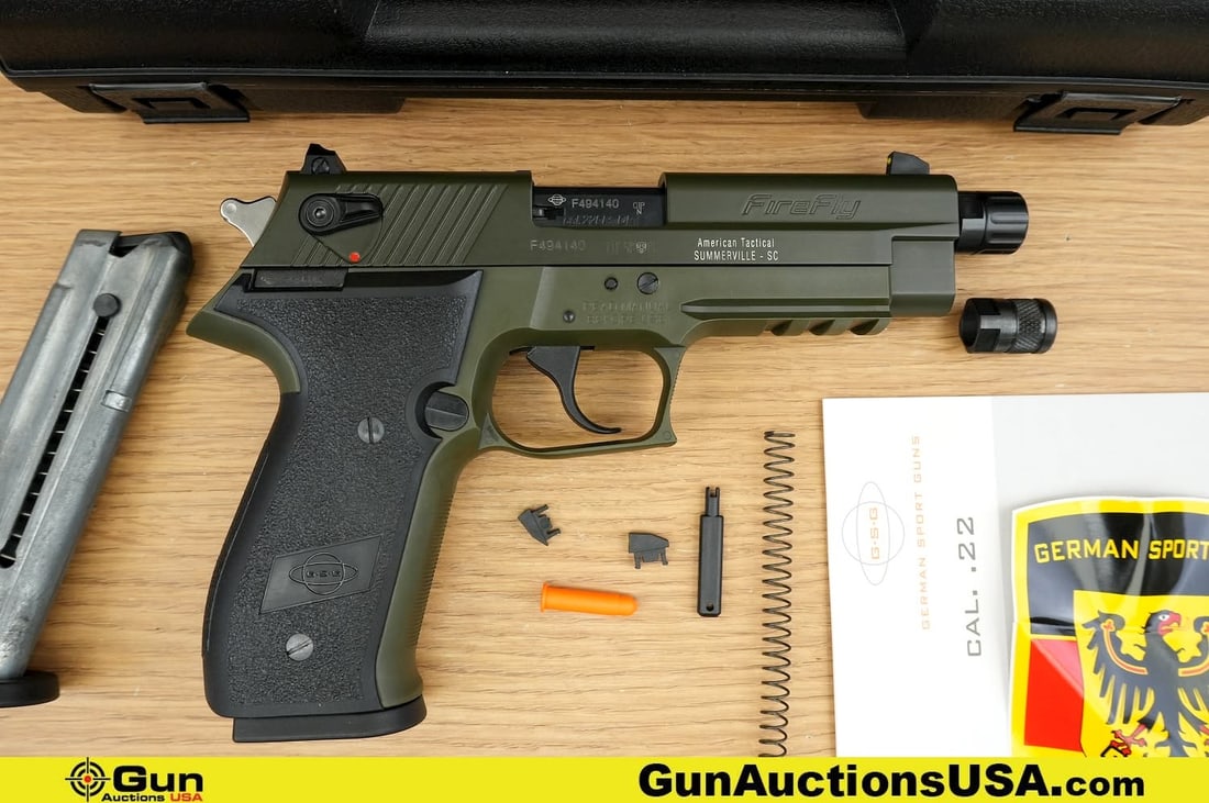 ATI GSG FIREFLY .22 LR THREADED BARREL Pistol. Excellent. 4 7/8" Barrel. Shiny Bore, Tight Action: ATI GSG FIREFLY .22 LR THREADED BARREL Pistol. Excellent. 4 7/8" Barrel. Shiny Bore, Tight Action Semi Auto Featuring a THREADED BARREL with Thread Protector, Fixed Front Sight, Drift Adjustable Rear