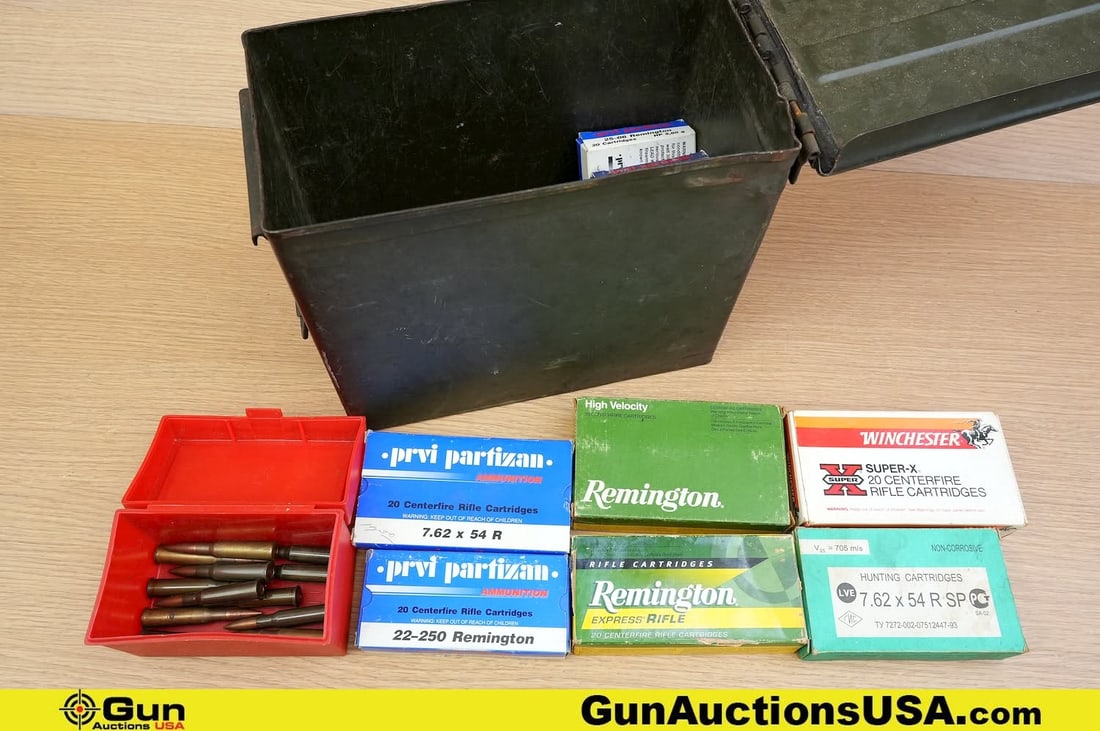 Remington, Winchester, Etc. 25.06, 7.62x54r, 22-250 REM, 30.40 KRAG Ammo. Approx. 164 Total Rds; 66: Remington, Winchester, Etc. 25.06, 7.62x54r, 22-250 REM, 30.40 KRAG Ammo. Approx. 164 Total Rds; 66 Rds of 25.06 REM, 50 Rds of 7.62x54r, 35 Rds of .22-250 REM, and 13 Rds of 30.40 Krag. Includes Larg