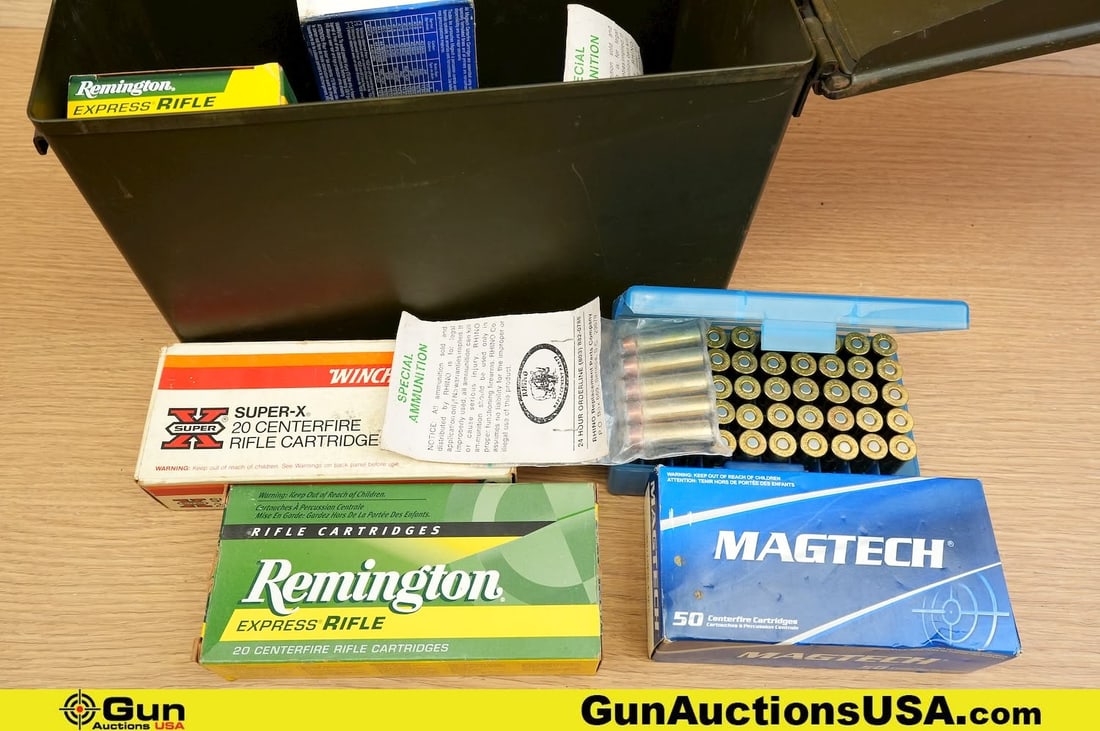 Rhino, Magtech, Winchester, Etc. .44 REM MAG, 45.70 GOVT. Ammo. 253 Rds in Total; 204 Rds of .44 REM: Rhino, Magtech, Winchester, Etc. .44 REM MAG, 45.70 GOVT. Ammo. 253 Rds in Total; 204 Rds of .44 REM MAG, and Approx. 49 Rds of 45.70. Includes Metal Ammo Can. . (82824) (GSCV69)