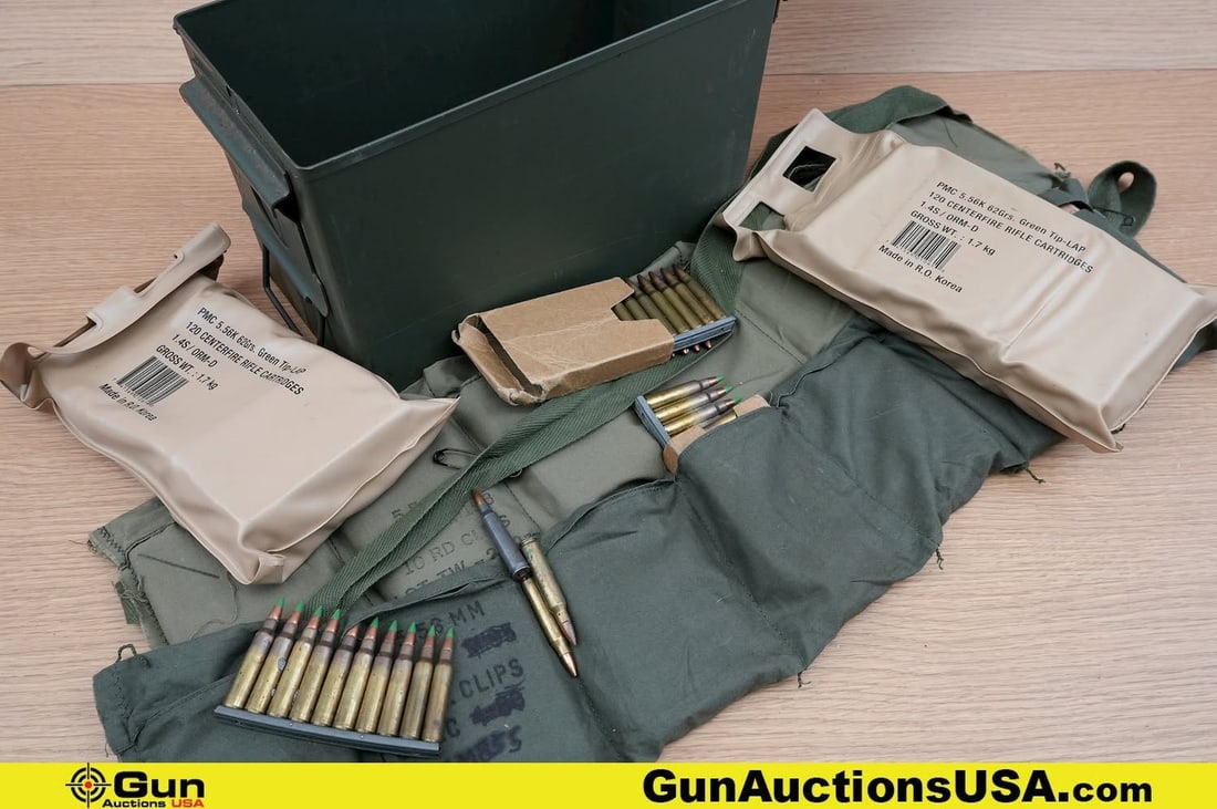 Surplus 5.56 Ammo. Approx. 750 Rds on Stripper Clips, with Two Bandoleers. Includes Metal Ammo Can. (1 of 10)
