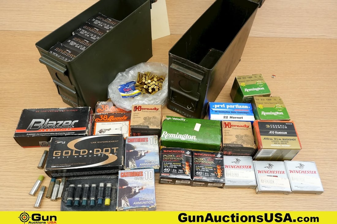 Speer, Federal, Hornady, Etc. .38 Special, .410 Ga., .22 Hornet, .22 WMR Ammo. Approx. 640 Rds in (1 of 17)