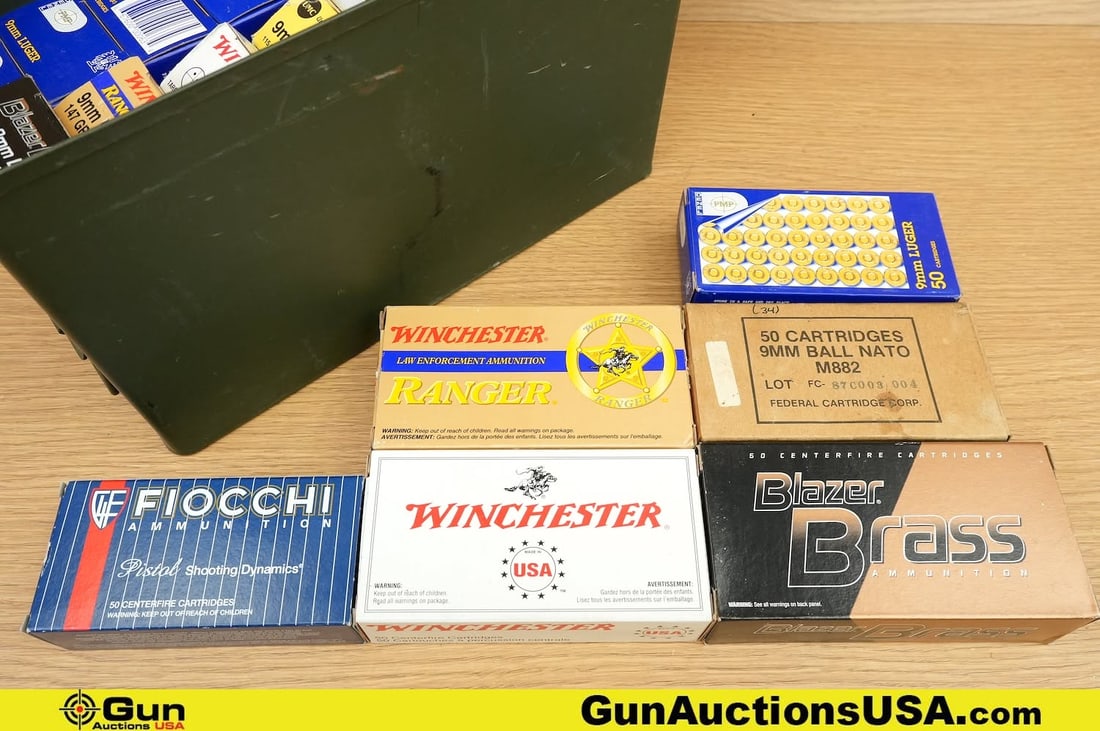 Fiocchi, Winchester, PMP, Etc. 9MM Ammo. Approx. 850 Rds. Includes Metal Ammo Can. . (81931) (1 of 7)