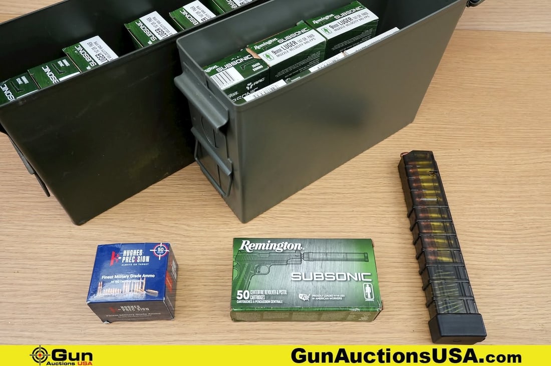 Remington, Hughes 9MM Ammo. . Approx. 750 Rds of 9MM. Includes Two Small Metal Ammo Cans. . (83098) (1 of 8)
