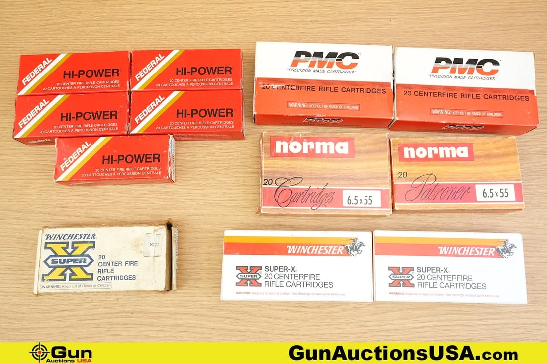 Norma, Federal, Winchester, Etc. 6.5x55, .30 Carbine, .35 REM Ammo. . Approx. 220 Rds in Total;: Norma, Federal, Winchester, Etc. 6.5x55, .30 Carbine, .35 REM Ammo. . Approx. 220 Rds in Total; Approx.. 80 Rds of .30 Carbine, Approx. 80 Rds of 6.5x55, and Approx. 60 Rds of .35 Rem. . (82891) (GSCU