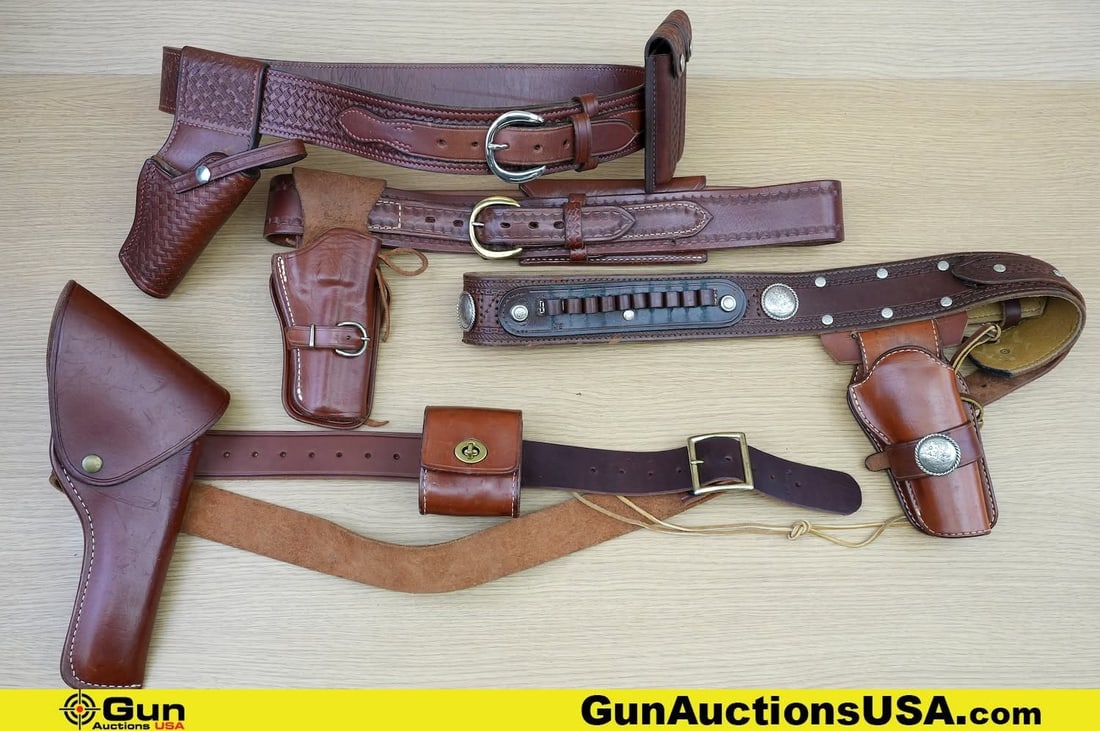 Don Hume, Triple K, Rodeo Accessories . Very Good. . Four Cowboy Leather Gun Belts with Holsters and: Don Hume, Triple K, Rodeo Accessories . Very Good. . Four Cowboy Leather Gun Belts with Holsters and Pouches. . (83152) (GSCO21)