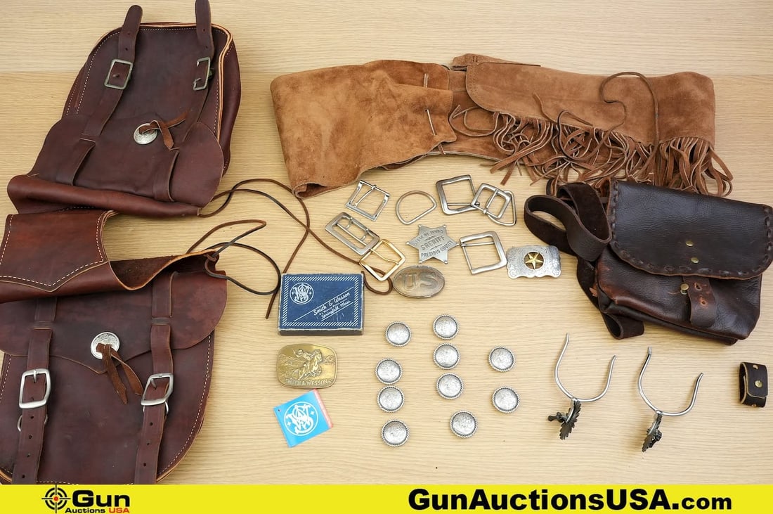 Saddle Bag Set. Very Good. . One Saddle Bag Set; One Leather Ammo Pouch, Set of Two Spurs, Nine Belt (1 of 19)