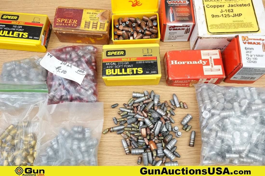 Speer, Hornady, Sierra, Etc. .44 Cal, 6MM, 9MM, Etc. Projectile Bullets. Approx. 1180 Rds in Total; (1 of 6)