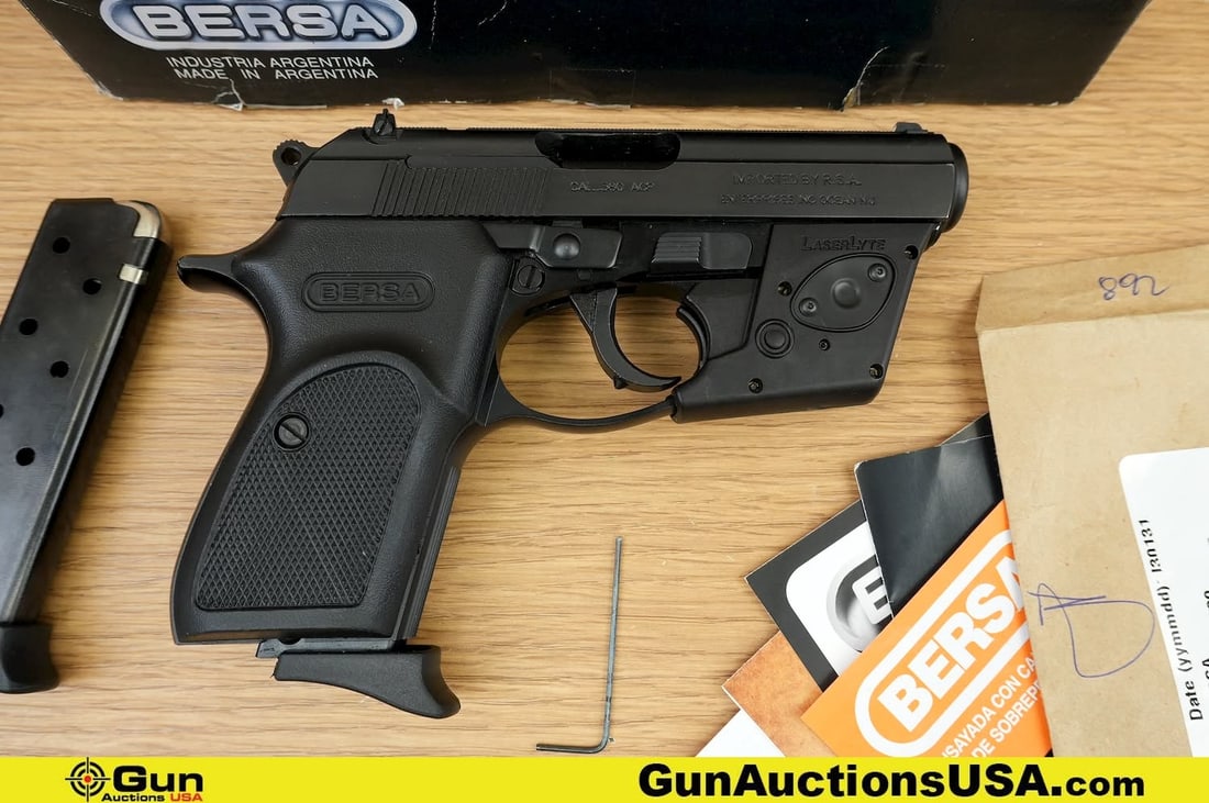 BERSA THUNDER 380 .380 ACP Pistol. Excellent. 2.5" Barrel. Shiny Bore, Tight Action Semi Auto .: BERSA THUNDER 380 .380 ACP Pistol. Excellent. 2.5" Barrel. Shiny Bore, Tight Action Semi Auto . Features a Compact Frame, Solid Steel Construction, Rubber Pistol Grip, Left Side Thumb Safety and De-Co